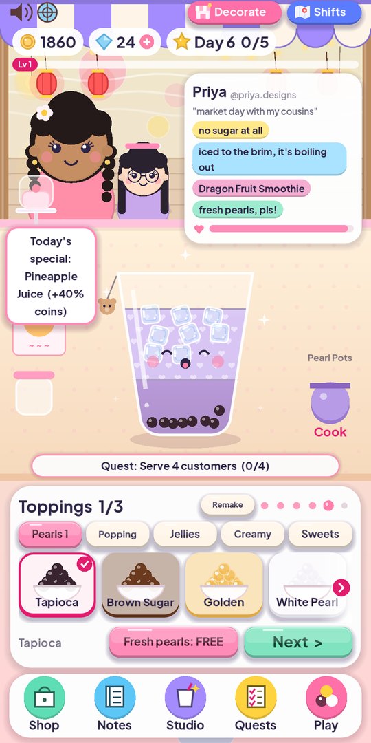 Serving a taro milk tea with pearls to a customer at the cart